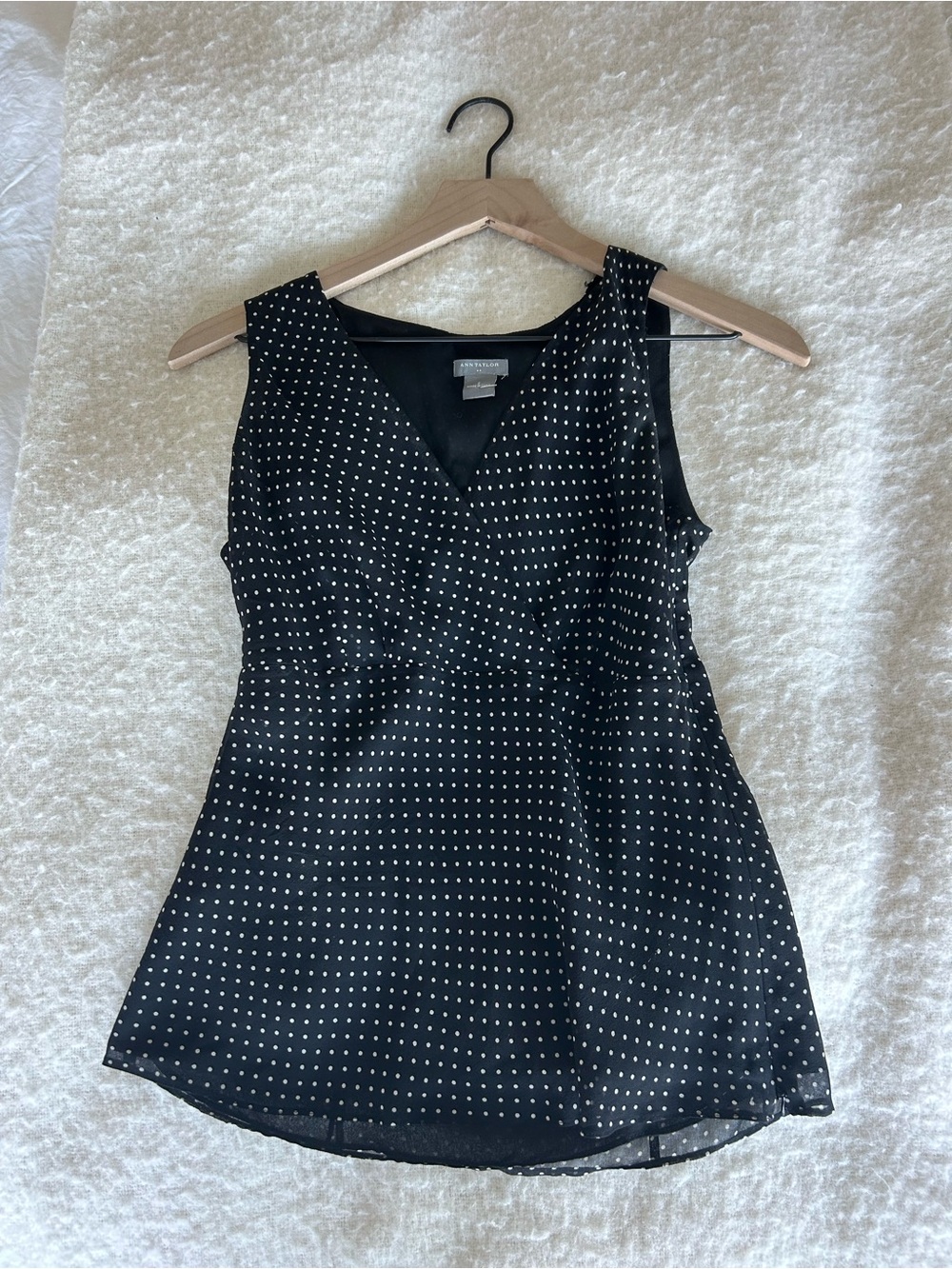 100% Silk Sleeveless Black Polka Dot V-Neck Top